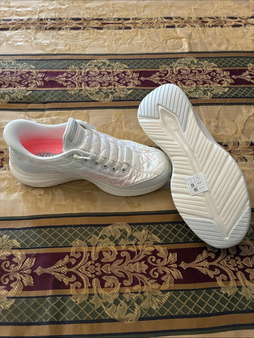 Skechers White Iridescent Quilted Slip-On Athletic Sneakers